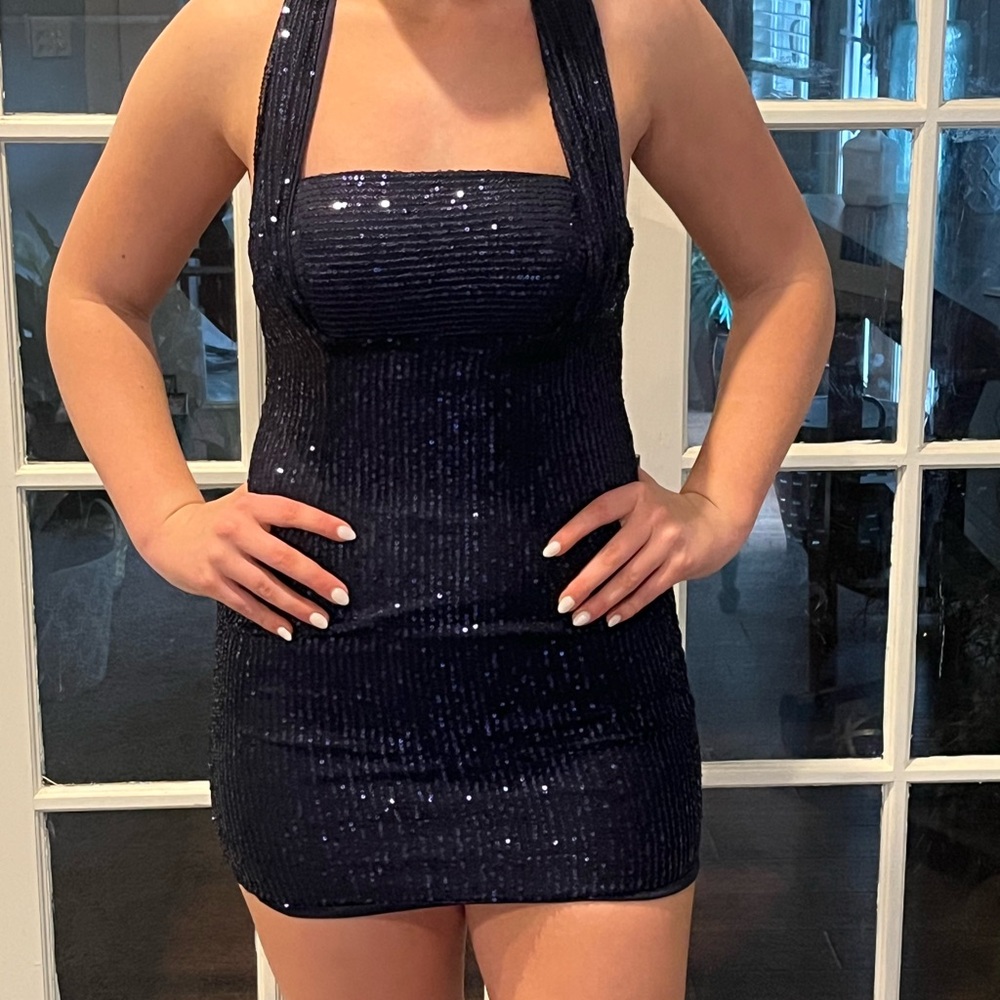 Elegant Navy Sequin Halter Dress